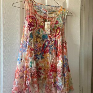 Johnny Was Mazzy Flared Tank Mesh Floral Embroidered Blouse Top Slip Size M -NWT